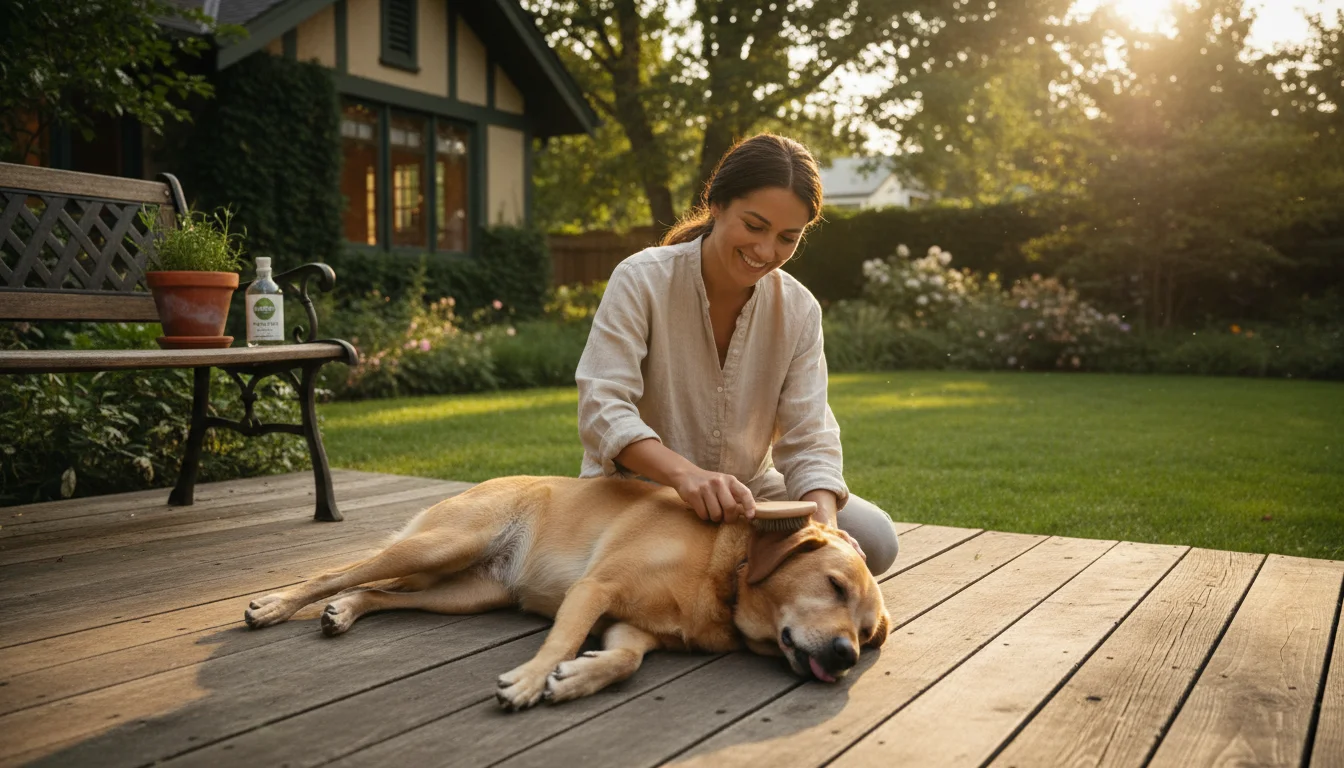 Person gently brushes a relaxed Labrador mix on a wooden patio. A green lawn and a bottle of pet-friendly yard spray are visible in the background.