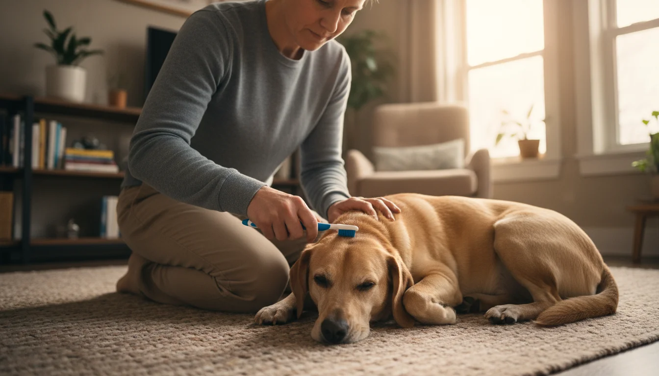 A person gently brushes the teeth of a relaxed, light brown dog lying on a rug.