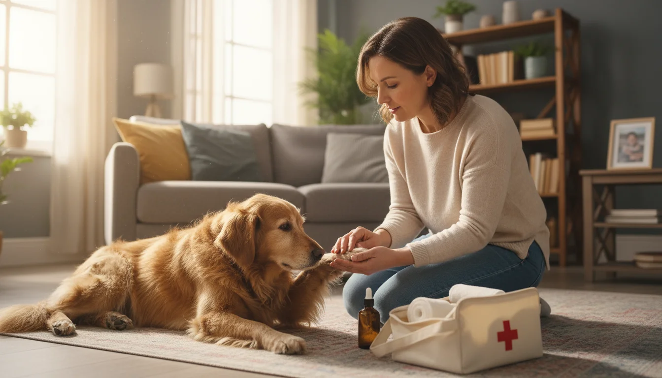 A person calmly examines their golden retriever mix's paw on a living room rug, with an open pet first aid kit visible nearby.