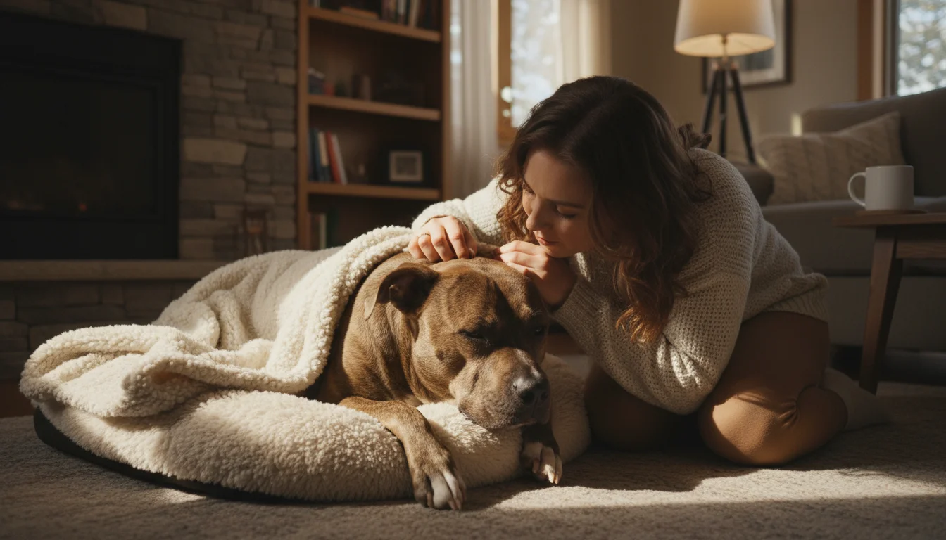A person gently checks their brindle Pitbull mix's ear while the dog rests on a warm bed indoors.