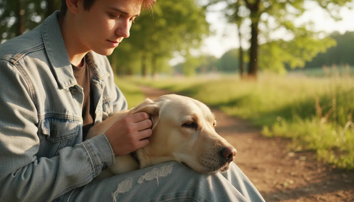 A person gently checks their relaxed Labrador Retriever's ear in a sunlit park.