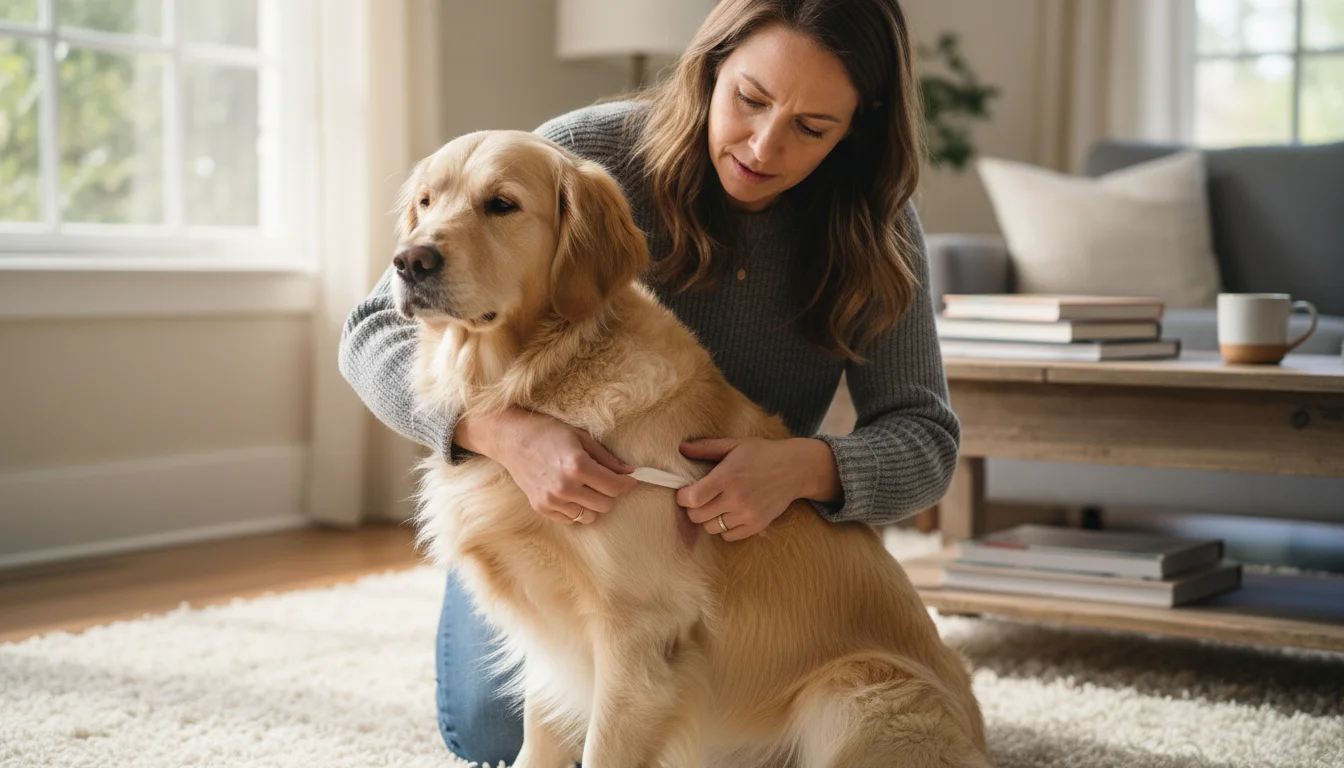 A person with a concerned expression gently examines their dog's fur, revealing a small red irritation on the skin.