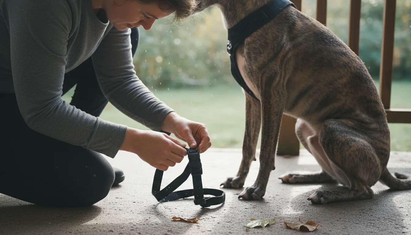 Person on concrete porch inspects a damp black dog harness held in their hands. A brindle dog watches nearby.