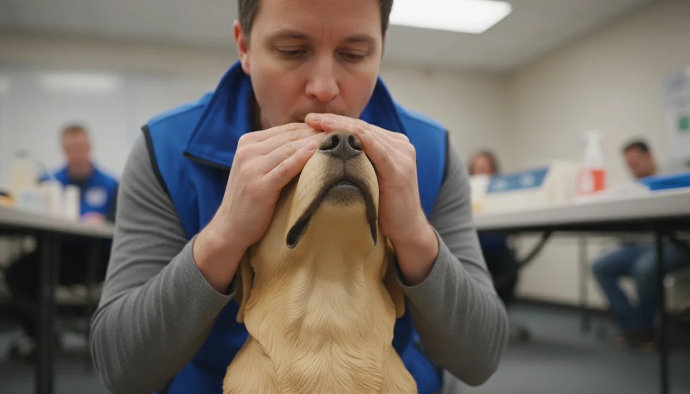 A person demonstrates rescue breathing on a realistic dog CPR training mannequin, hands cupping its muzzle.