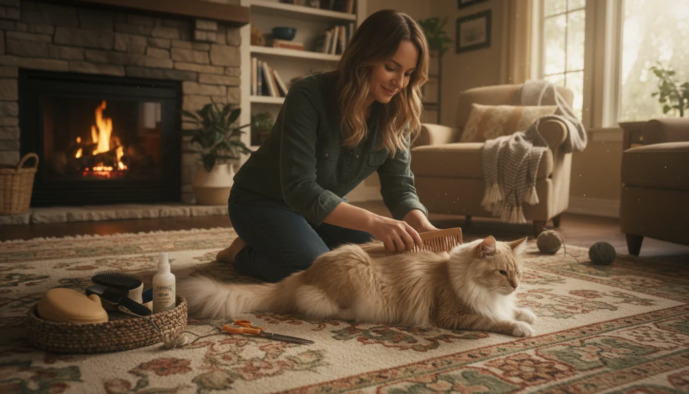 Elevated view of a person gently detangling a long-haired cat's fur with a comb. Various grooming tools rest on a towel nearby.