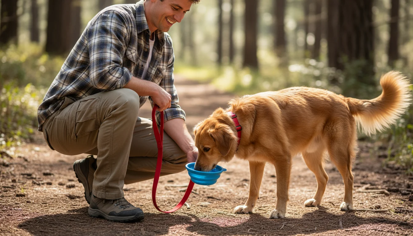 A person on a dirt trail offers water from a blue collapsible bowl to a dog wearing a red nylon collar and leash.