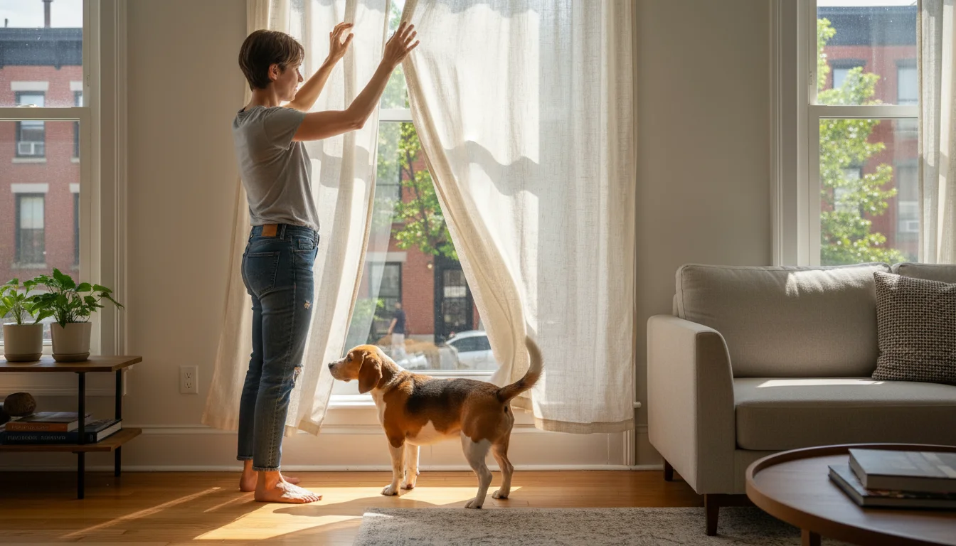 A person gently draws a sheer curtain across a living room window, while their Beagle mix dog looks outside, blocking potential visual triggers.
