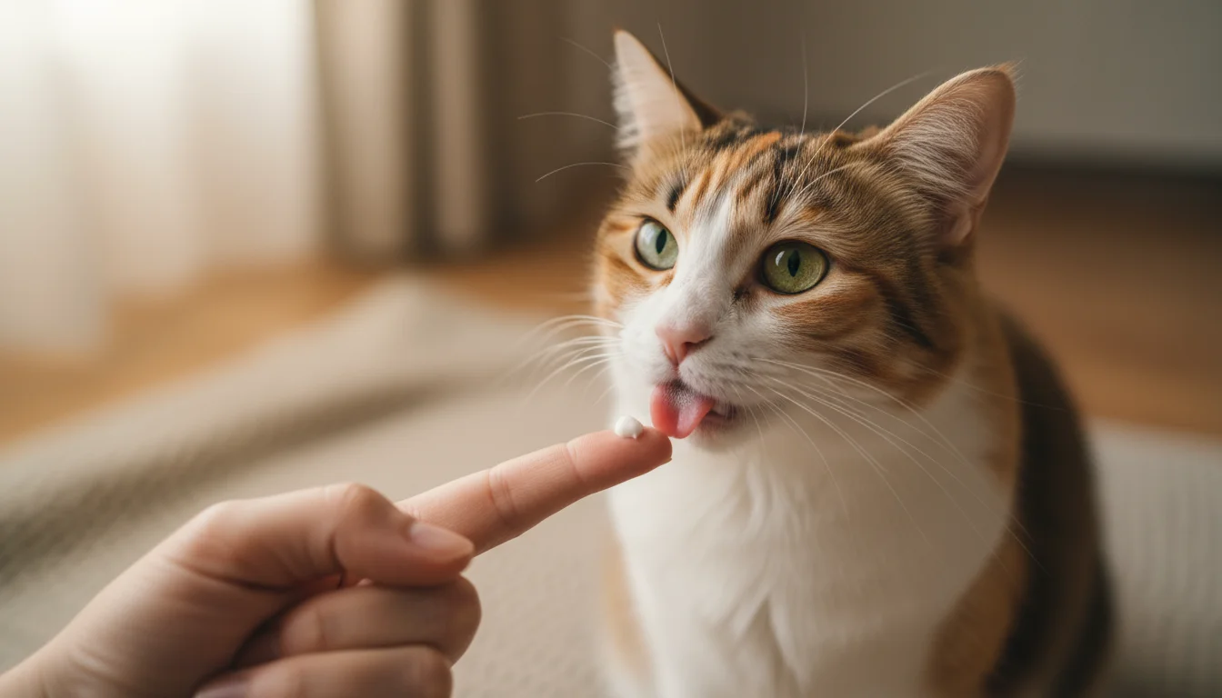 A person's finger offers cat toothpaste to a curious calico cat, who gently licks it, demonstrating a bonding moment.
