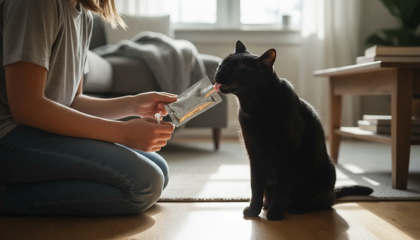 A person on the floor offers a lickable treat to a black cat, who is calmly licking it, with an empty oral syringe subtly held nearby.