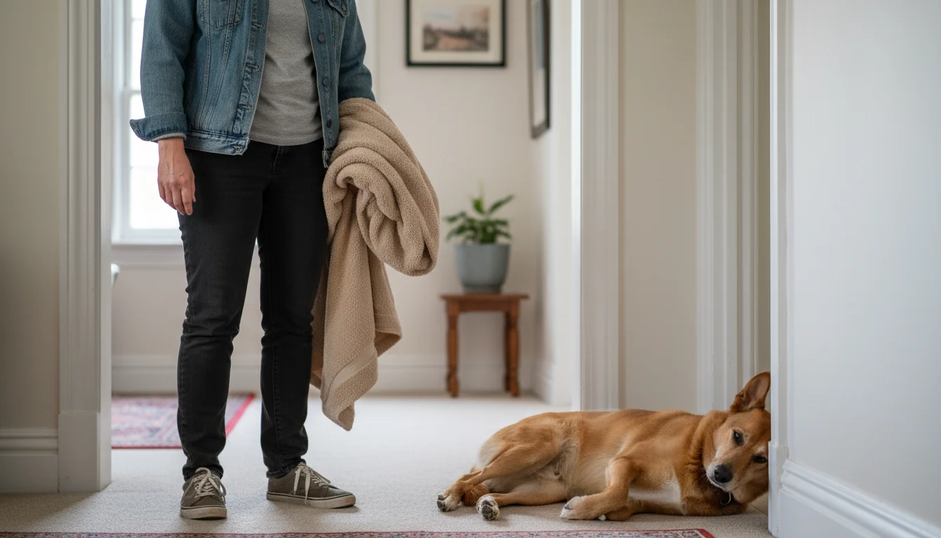 A person with a folded blanket observes their injured dog from a safe distance in a home hallway, showing calm concern.