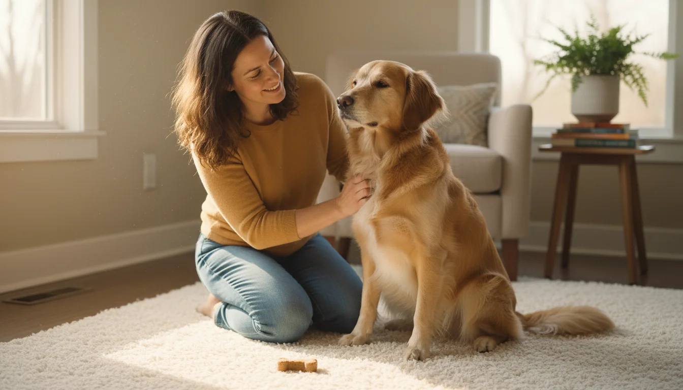A person with a gentle smile kneels on a rug, softly brushing a calm golden retriever mix. A treat is nearby.