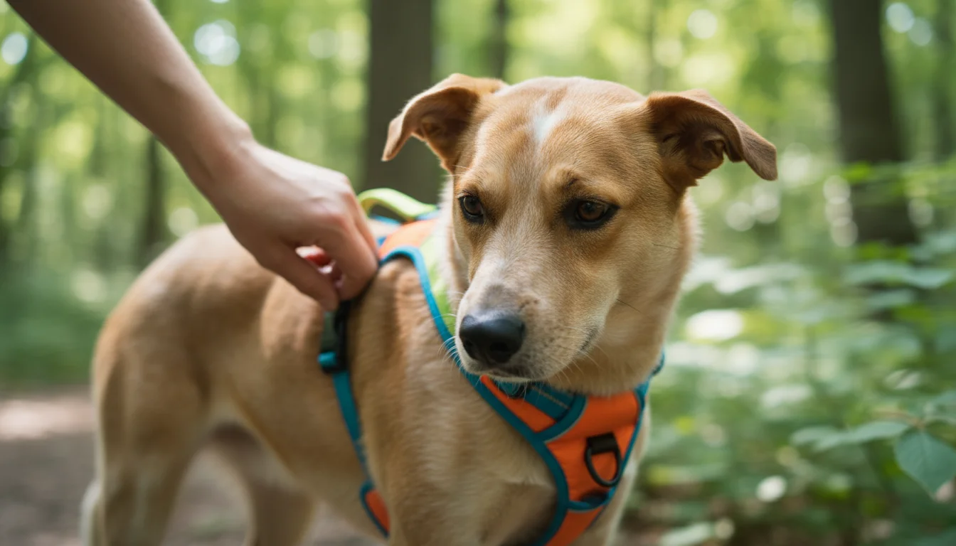 A person's hand adjusts a colorful dog hiking harness on a patient dog. Green foliage is softly blurred in the background.