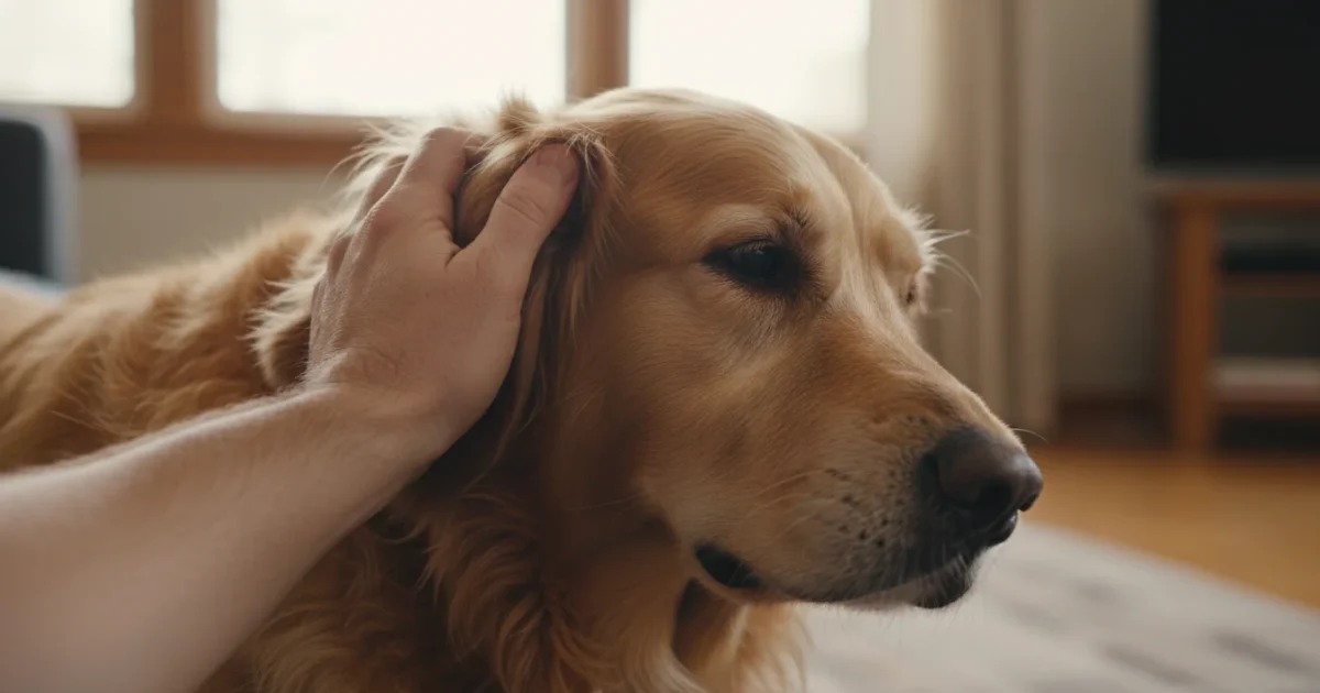 Close-up of a person's hand gently examining the golden fur around a relaxed golden retriever's ear and neck.