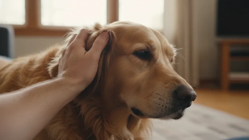 Close-up of a person's hand gently examining the golden fur around a relaxed golden retriever's ear and neck.