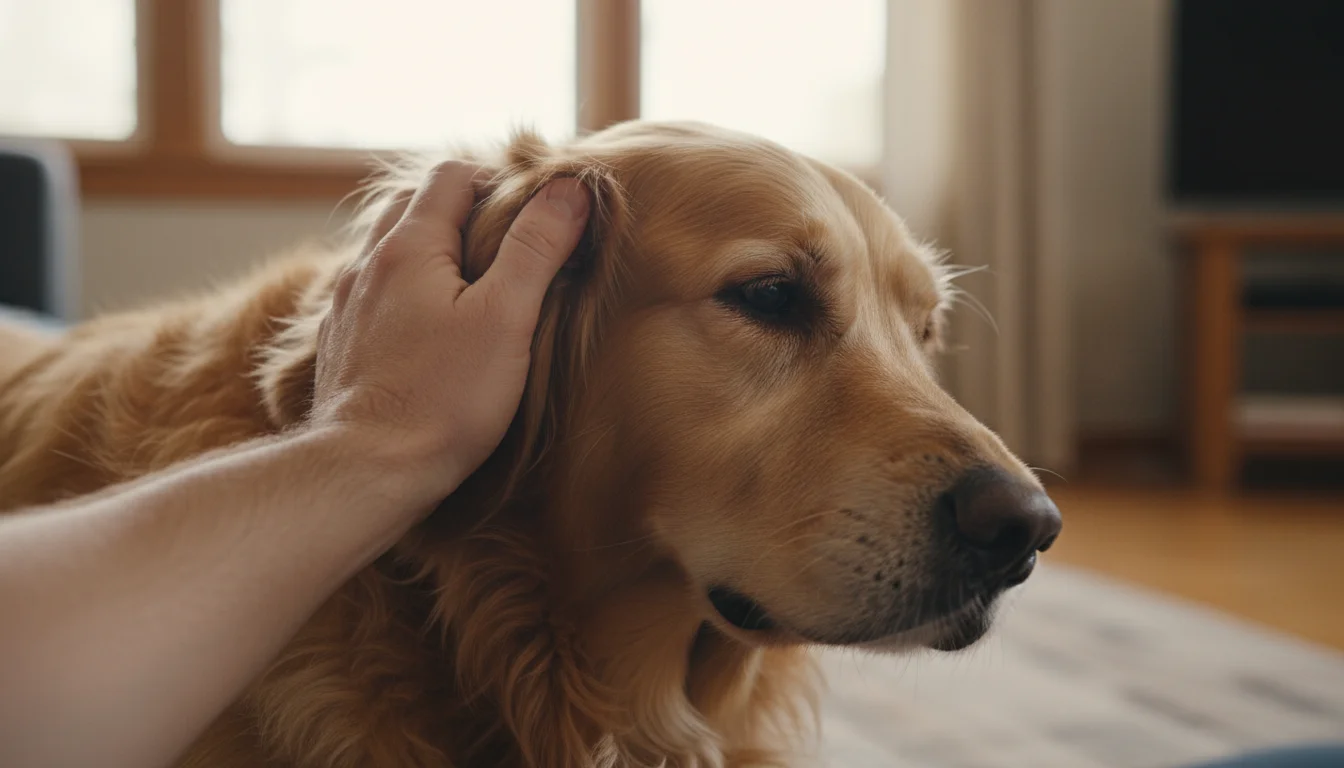 Close-up of a person's hand gently examining the golden fur around a relaxed golden retriever's ear and neck.