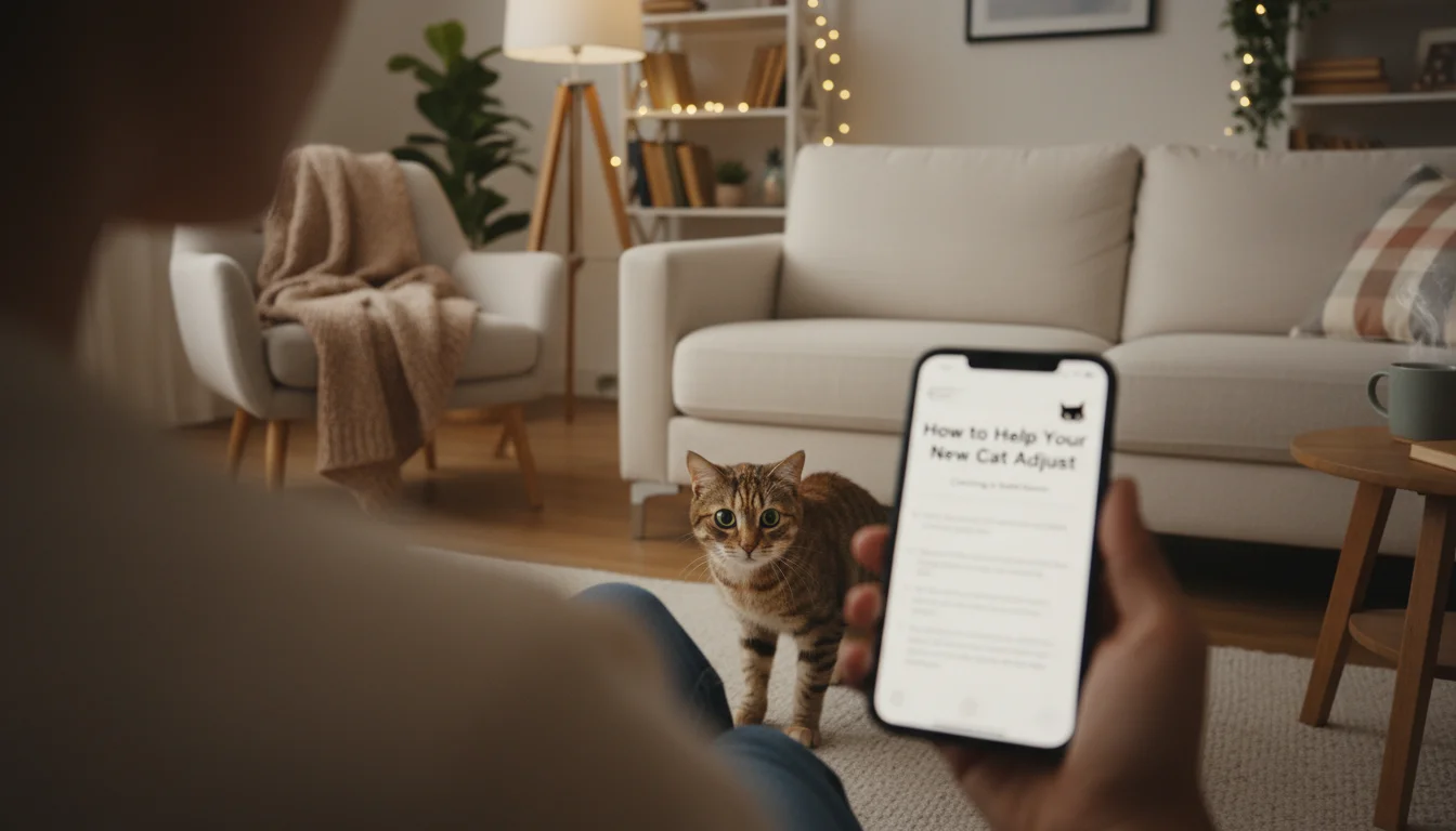 A person's hand holding a phone, blurred in the foreground, with a cautious tabby cat peeking from under a sofa in the background.