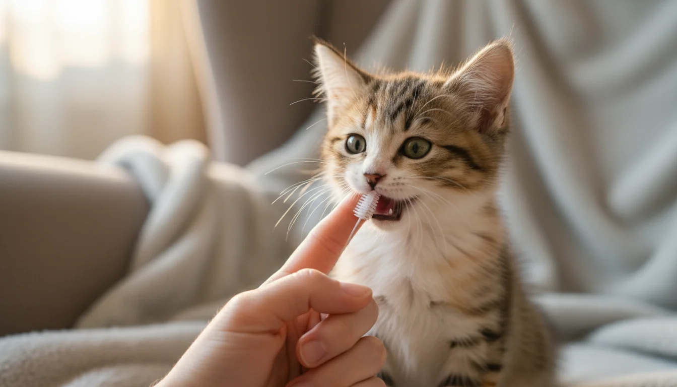 A person's hand gently introduces a finger brush to a calm tabby kitten's gums, teaching early dental care on a soft blanket.