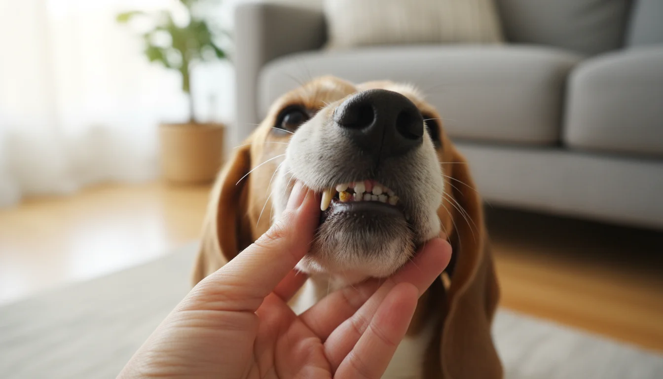 A person's hand gently lifts a dog's lip, revealing teeth with subtle tartar and red gums, indicating early dental issues.