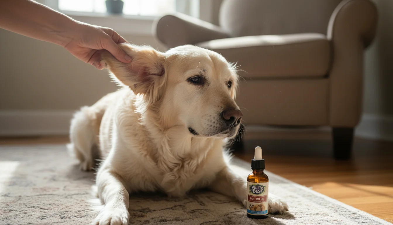 A person's hand gently lifts the ear of a calm, medium-sized golden retriever mix dog lying on a rug, revealing the inner ear.