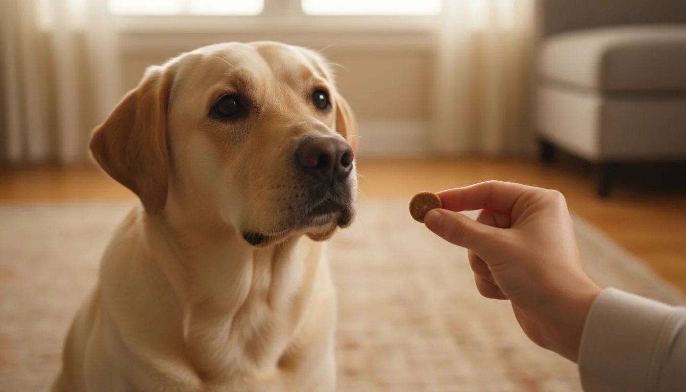 A person's hand offers a small training treat to a calm Labrador Retriever sitting patiently and looking up.
