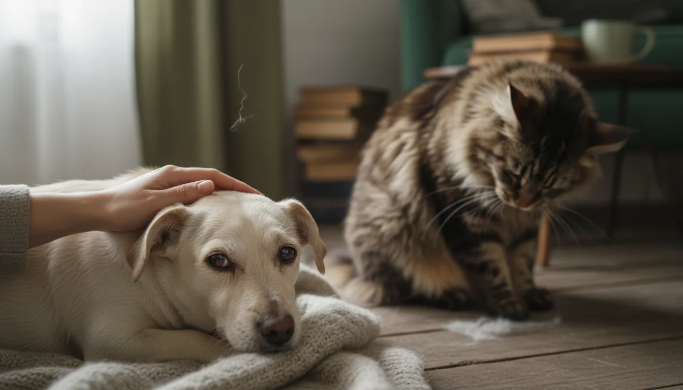 A person's hand gently pets a short-haired dog with slightly red, watery eyes. A fluffy cat grooms itself in the background.