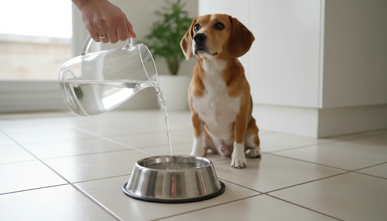 A person's hand pours fresh water into a dog bowl while a medium-sized dog watches patiently on a kitchen floor.