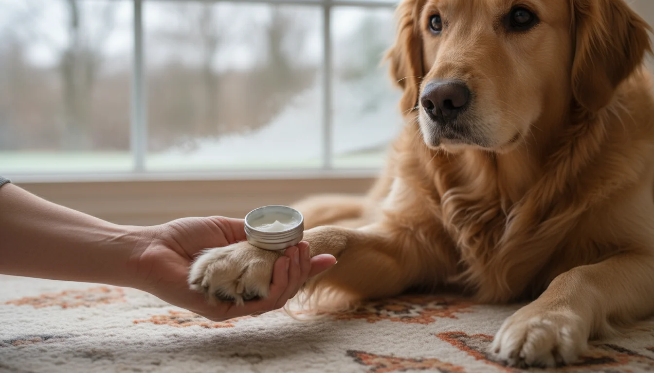 A person's hand gently rubs paw balm onto a fluffy dog's paw pads while the dog sits calmly on a rug indoors.