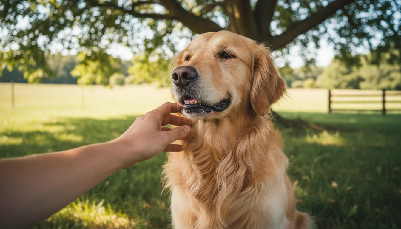A person's hand gently separates the thick, golden fur of a healthy Golden Retriever's double coat outdoors in soft sunlight.