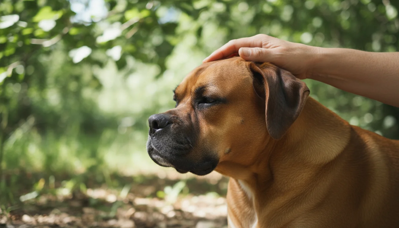 A person's hand gently strokes the smooth, fawn-colored short coat of a relaxed Boxer dog outdoors in soft, natural light.
