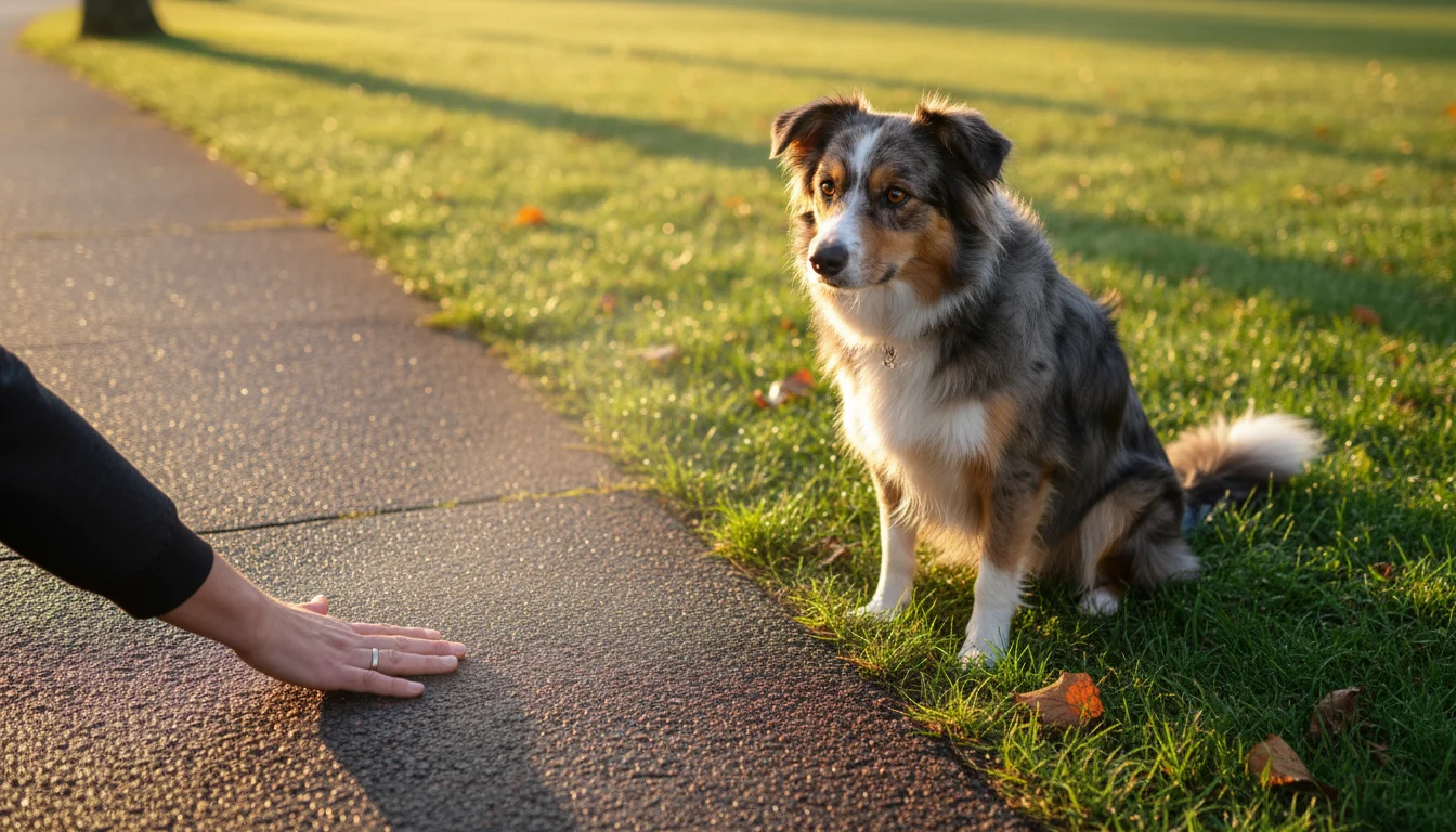A person's hand tests a warm sidewalk while their dog sits on a grassy patch nearby, waiting patiently.