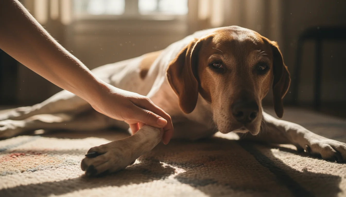 A person's hand gently touches a dog's slightly swollen hind leg joint on a rug.