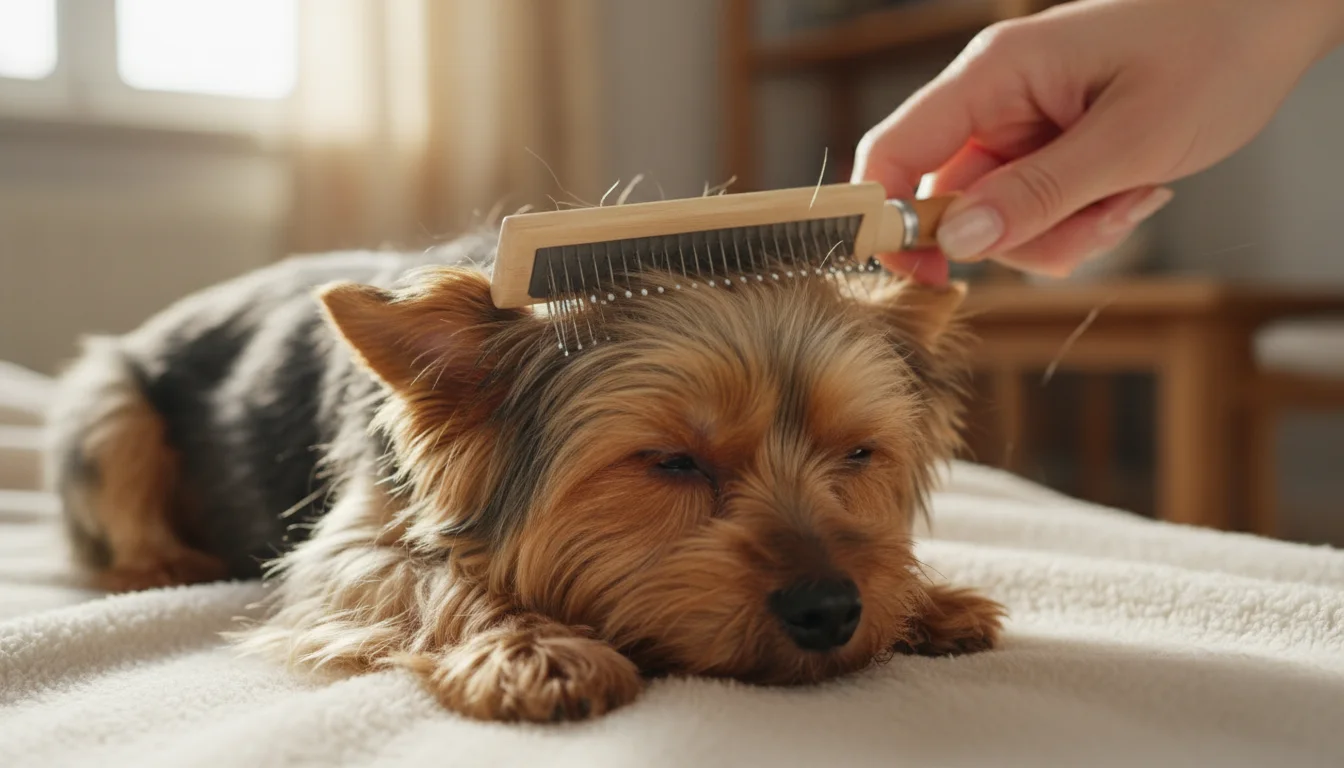 A person's hand uses a pin brush with protective-beaded metal pins to gently groom the long, silky fur of a relaxed Yorkshire Terrier.
