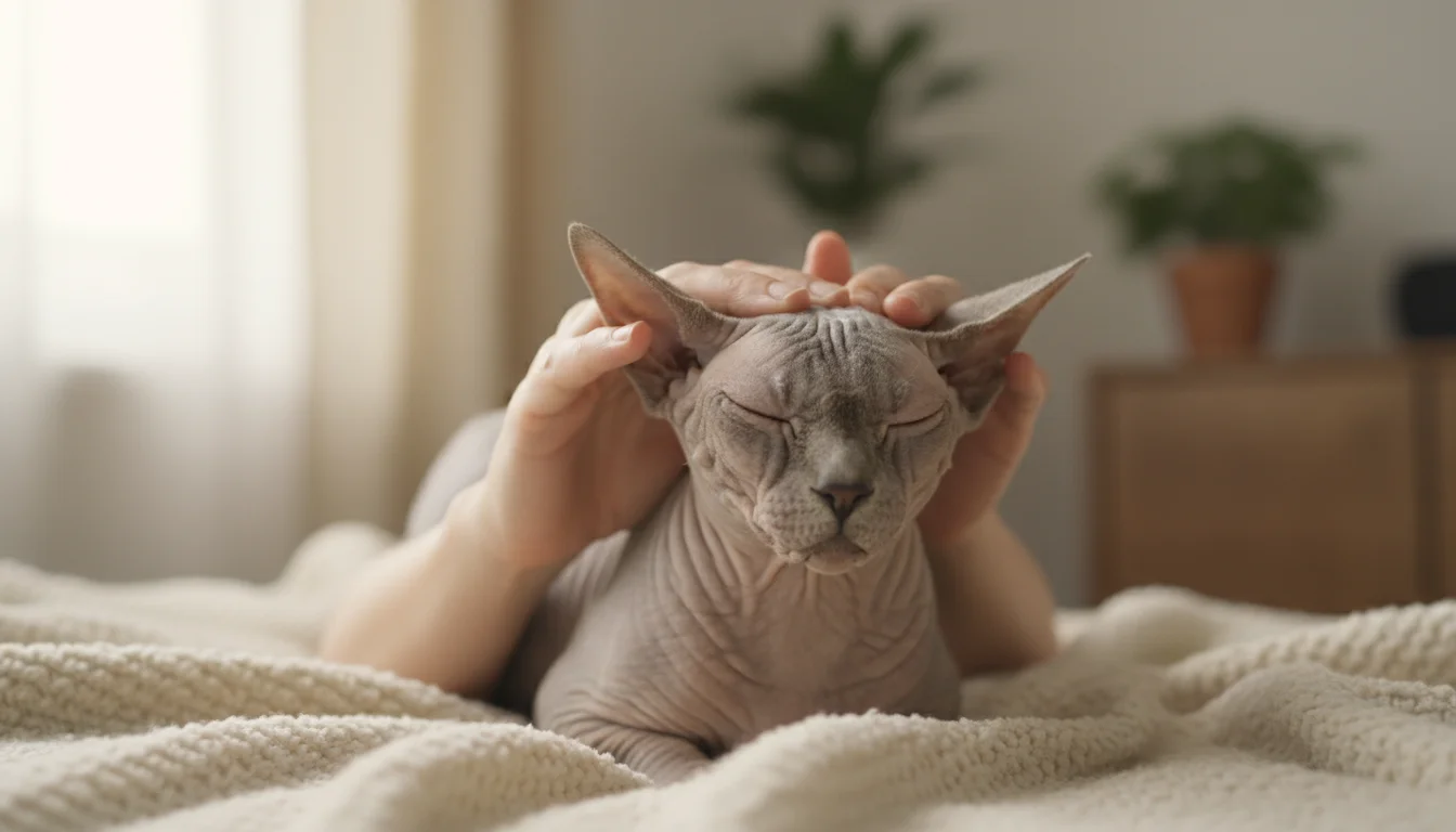 A person's hands gently apply moisturizer to a grey Sphynx cat's wrinkled skin, resting on a soft blanket.