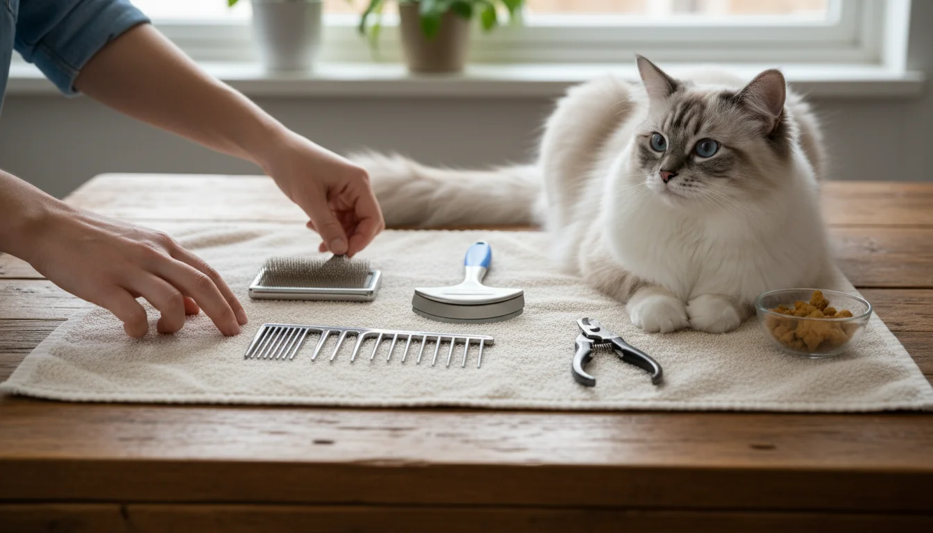 A person's hands arrange a variety of cat grooming tools on a towel, next to a fluffy long-haired cat watching intently.