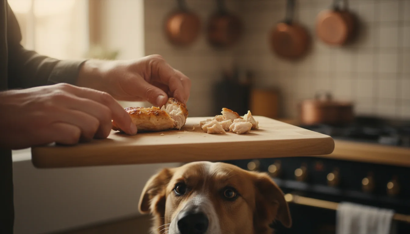 A person's hands breaking cooked chicken into small pieces on a wooden cutting board, with a dog's nose in the foreground looking up eagerly.