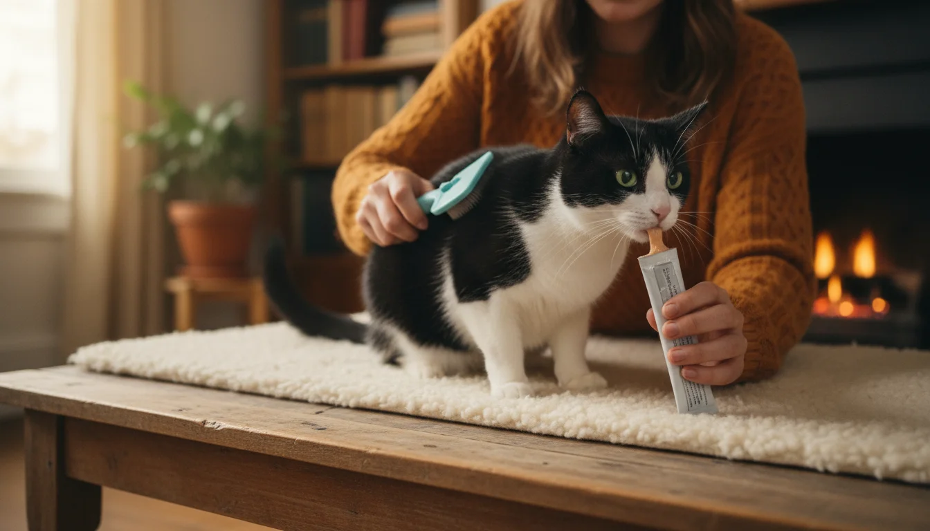 A person's hands gently brush a black and white tuxedo cat while offering a lickable treat tube, encouraging grooming tolerance.