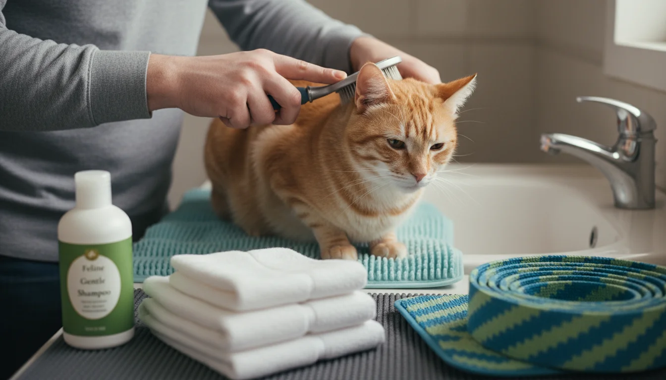 A person's hands gently brush a tabby cat on a bathroom counter, with cat shampoo, towels, and a non-slip mat nearby.