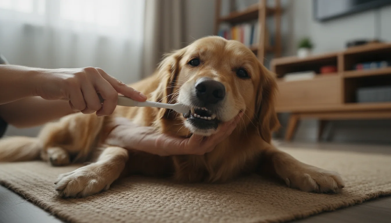A person's hands gently brush the teeth of a calm, medium-sized dog resting on a woven mat.