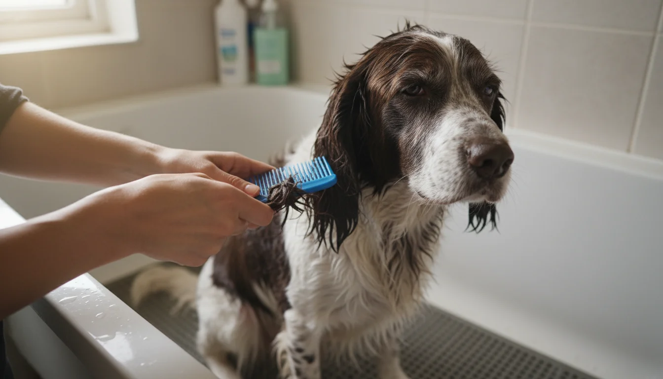 A person's hands gently comb a small, damp mat of fur on a wet, medium-haired dog in a utility tub.