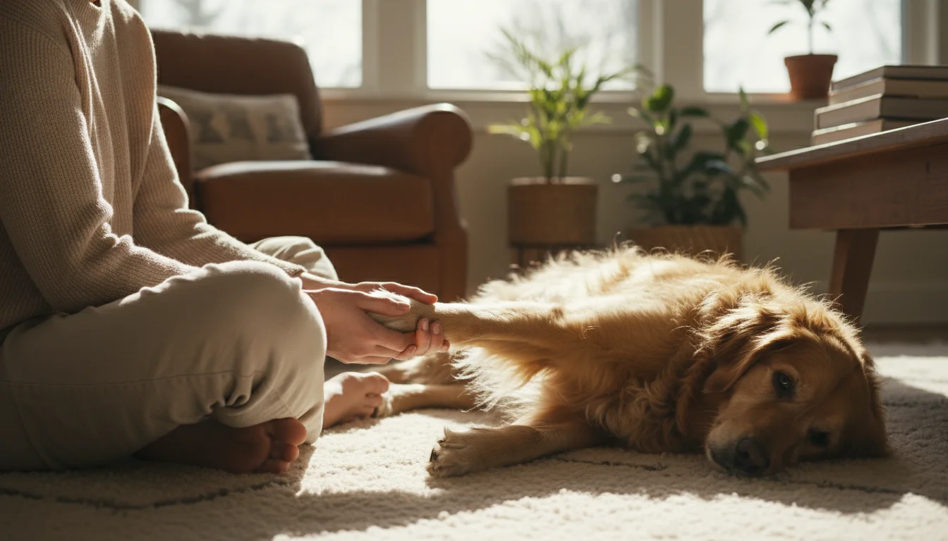 A person's hands gently examine a relaxed dog's paw on a rug, with various nail trimmers laid out nearby.