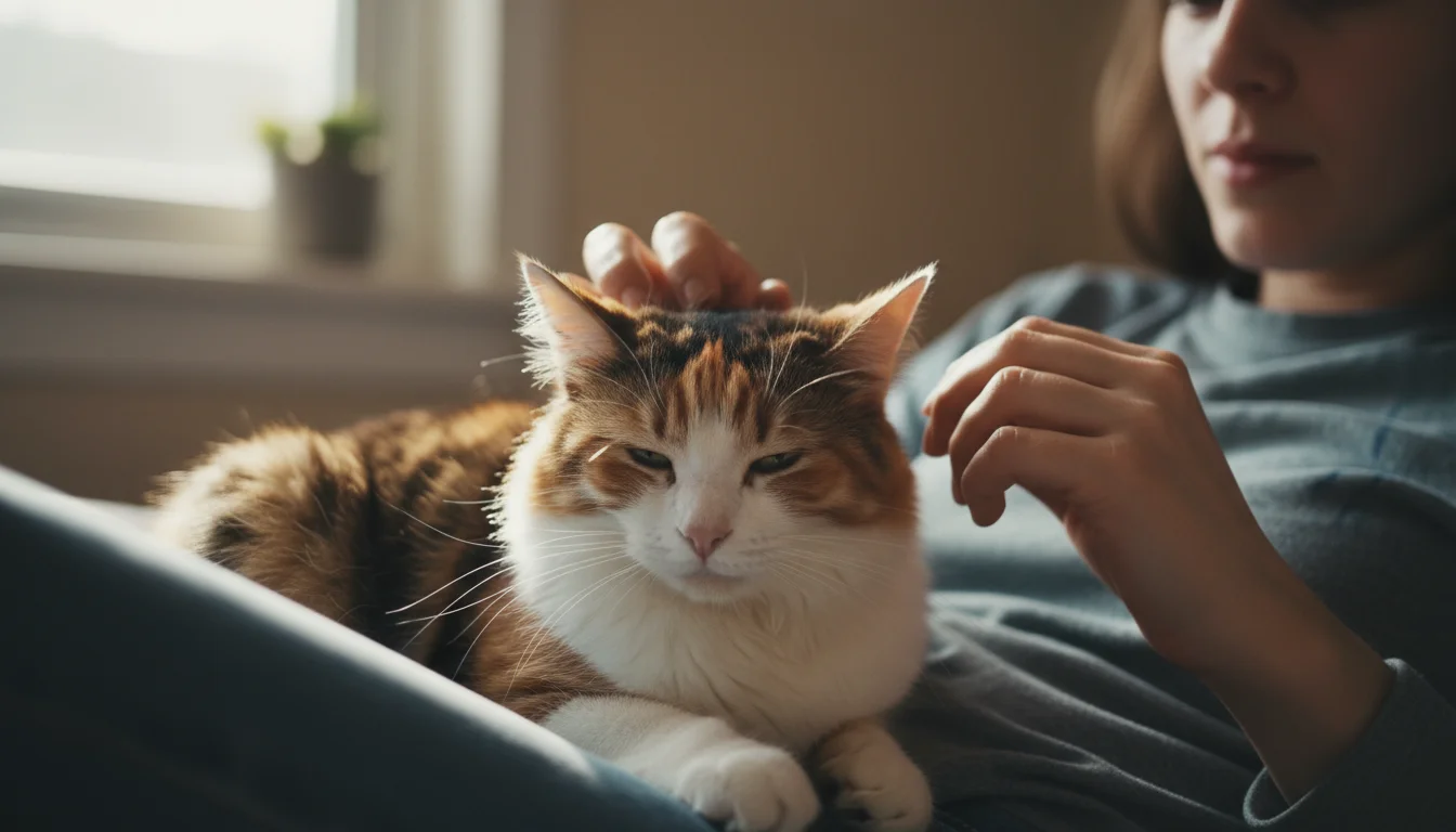 Person's hands gently examine the tri-color fur of a calico cat on their lap, lit by soft window light.