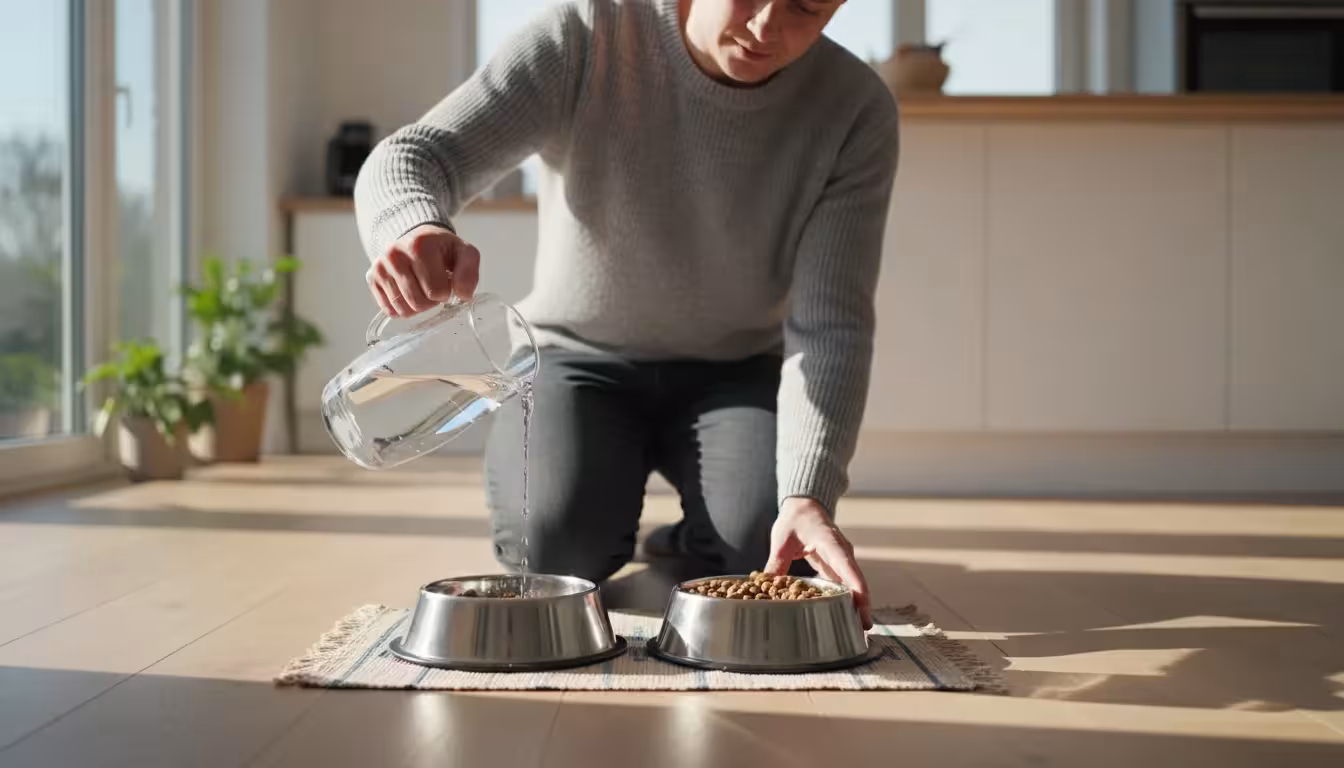 A person's hands gently fill a shiny new water bowl next to a matching food bowl filled with kibble on a kitchen floor.