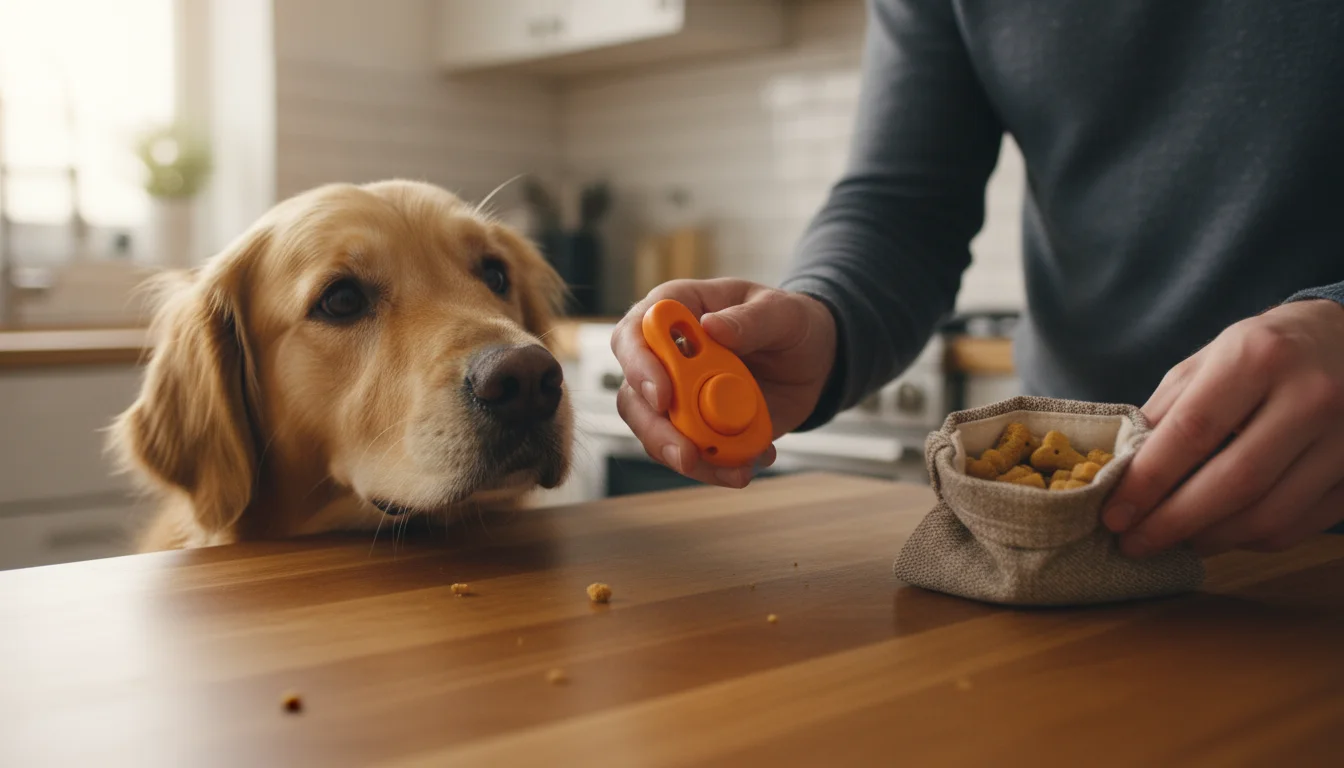 A person's hands hold a clicker and treat pouch on a wooden counter, a golden retriever's snout gently nudging their arm, looking at the clicker.