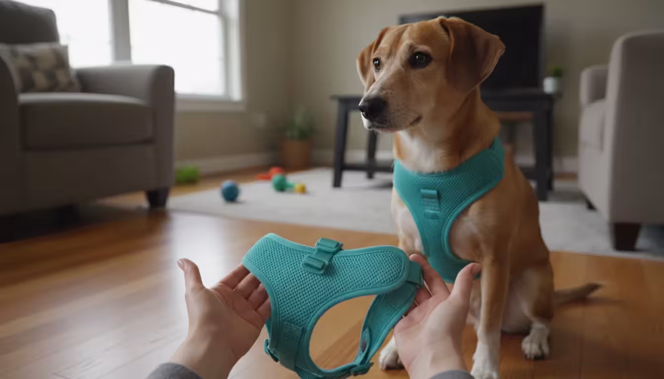 A person's hands gently hold a dog harness near a hesitant short-haired dog, with a treat visible, indoors.