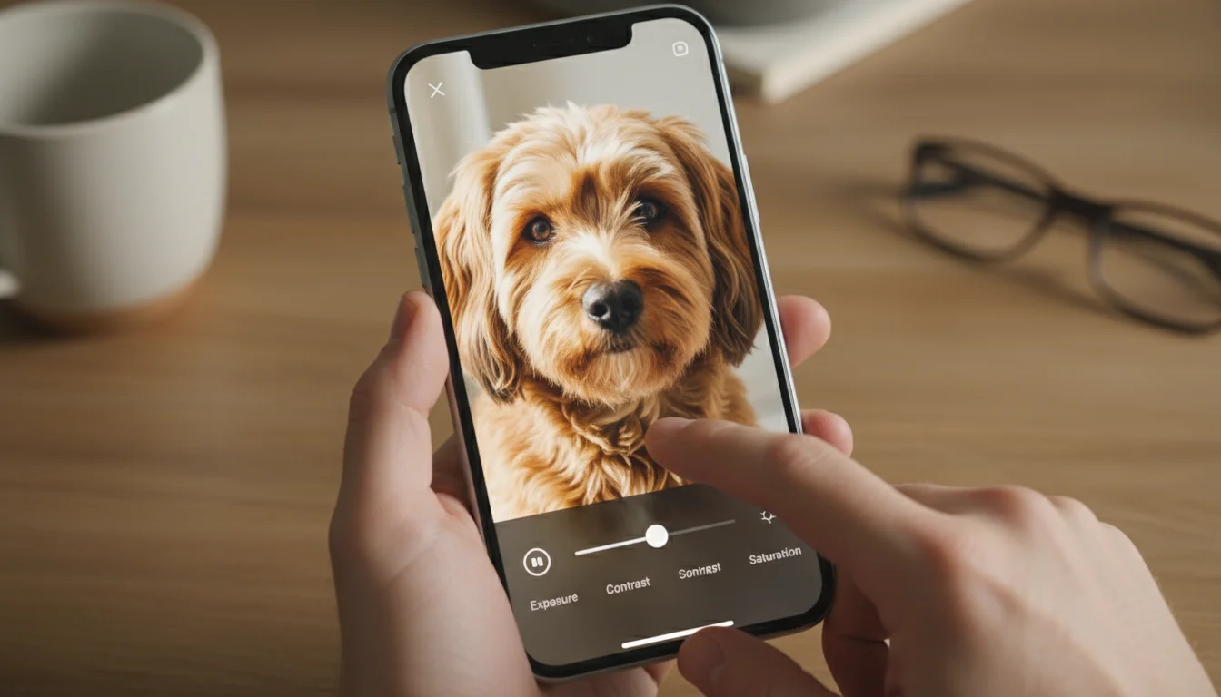 Person's hands holding a smartphone, the screen displaying a vibrant photo of a fluffy long-haired dog being edited.