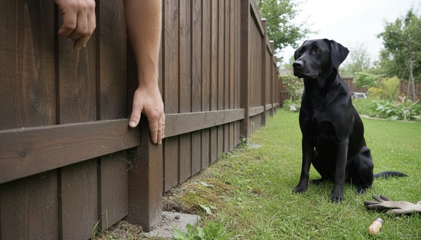 A person's hands inspect the base of a tall wooden fence while a black Labrador mix watches patiently in a green backyard.