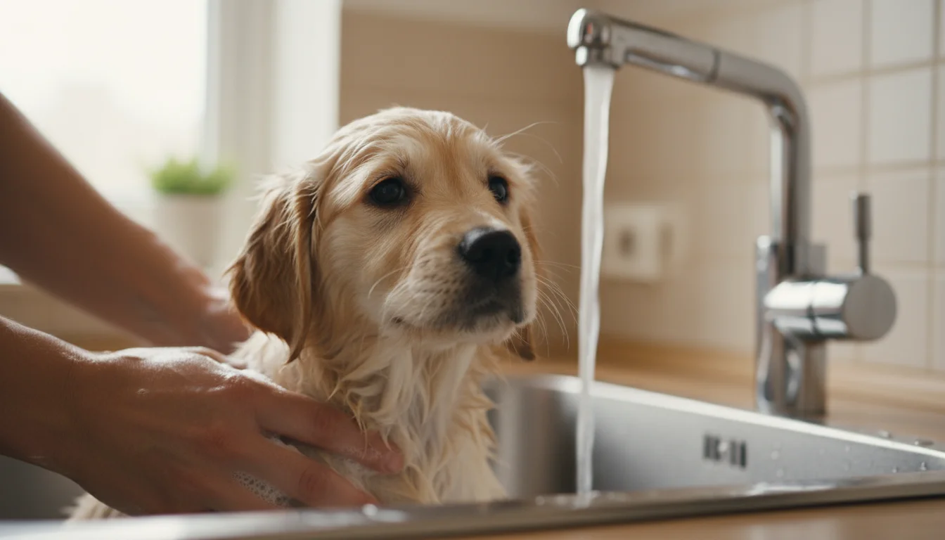 A person's hands gently lathering a small, wet golden retriever puppy in a kitchen sink during bath time.