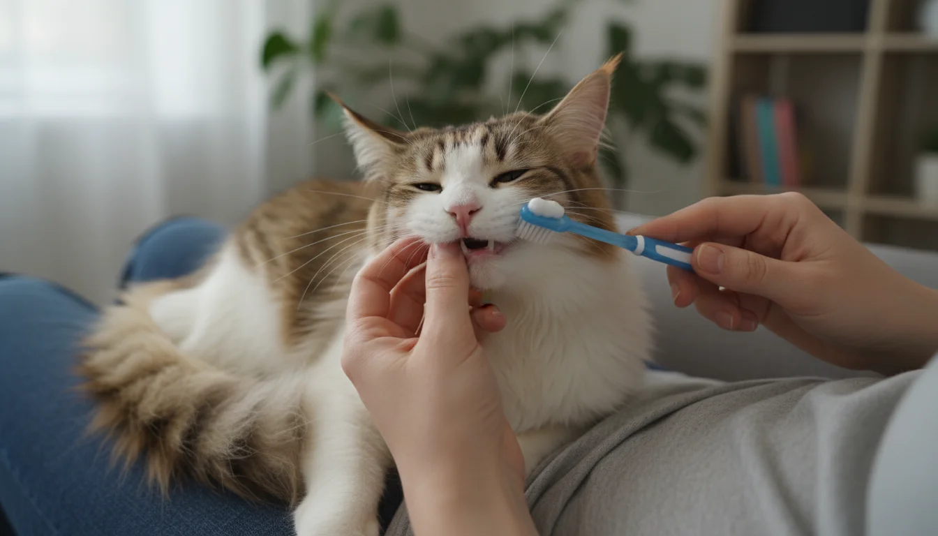 A person's hands gently lift a fluffy tabby cat's lip, revealing teeth, while a toothbrush with toothpaste approaches.