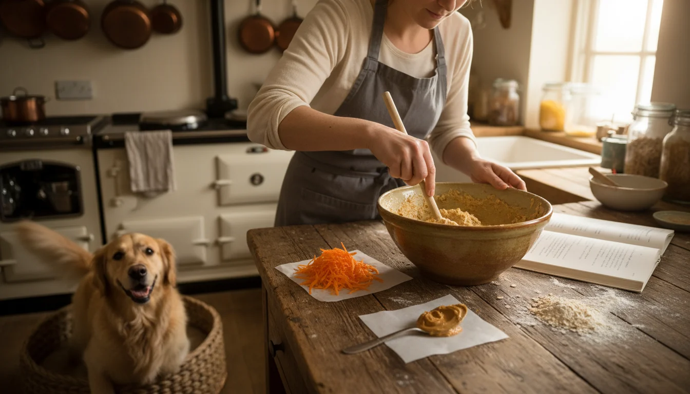 A person's hands mix pet treat ingredients in a bowl on a wooden counter, a golden retriever eagerly watches from below.