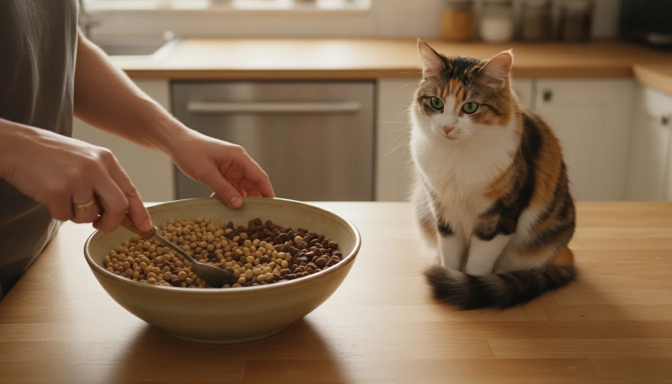 A person's hands gently mix two types of cat food in a bowl while a calico cat watches intently on a kitchen counter.